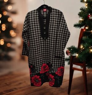 Black and White Checkered Dress with Red Floral Design